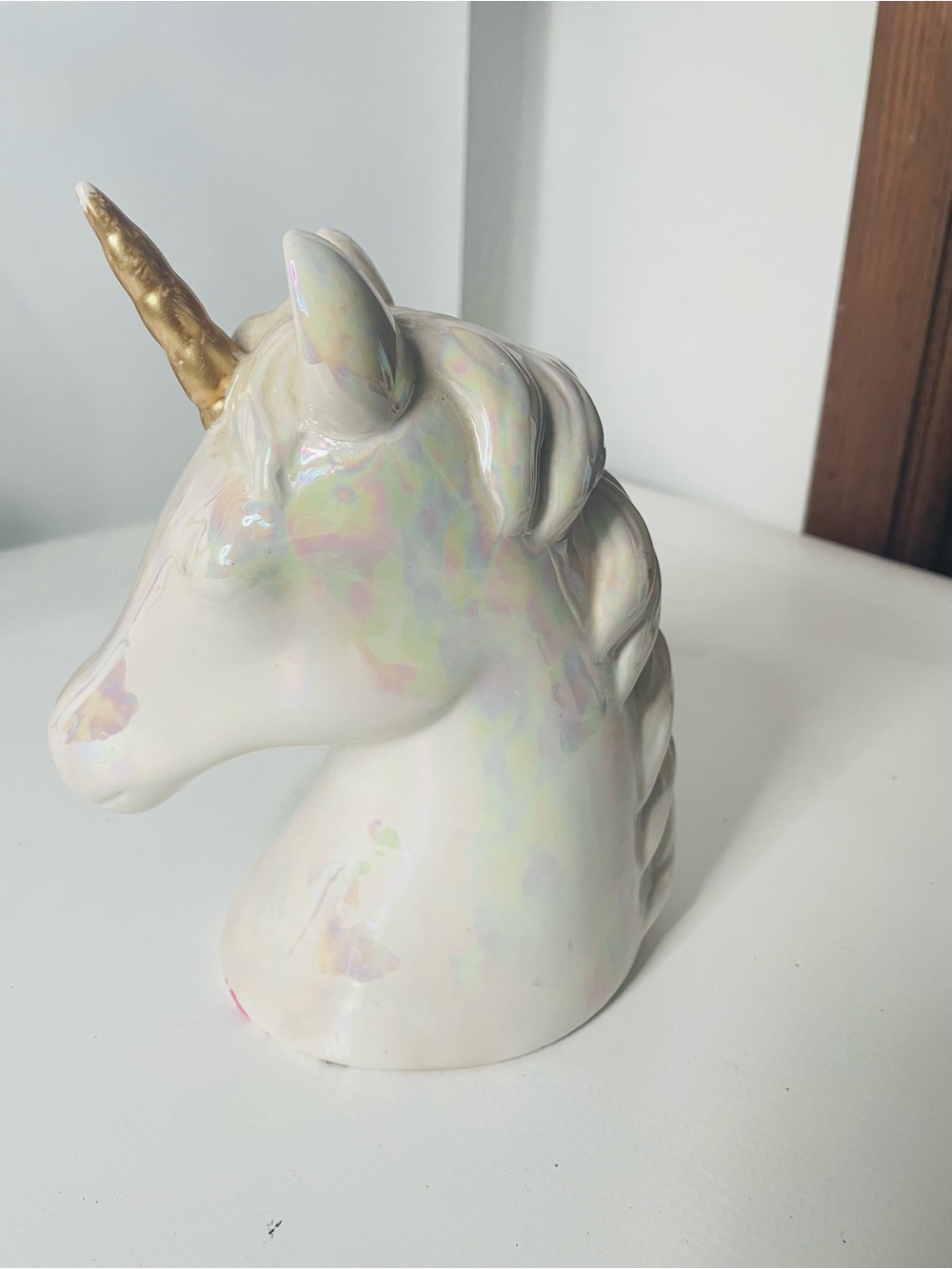 Iridescent White Unicorn Bank with Gold Horn - Home Art Decor